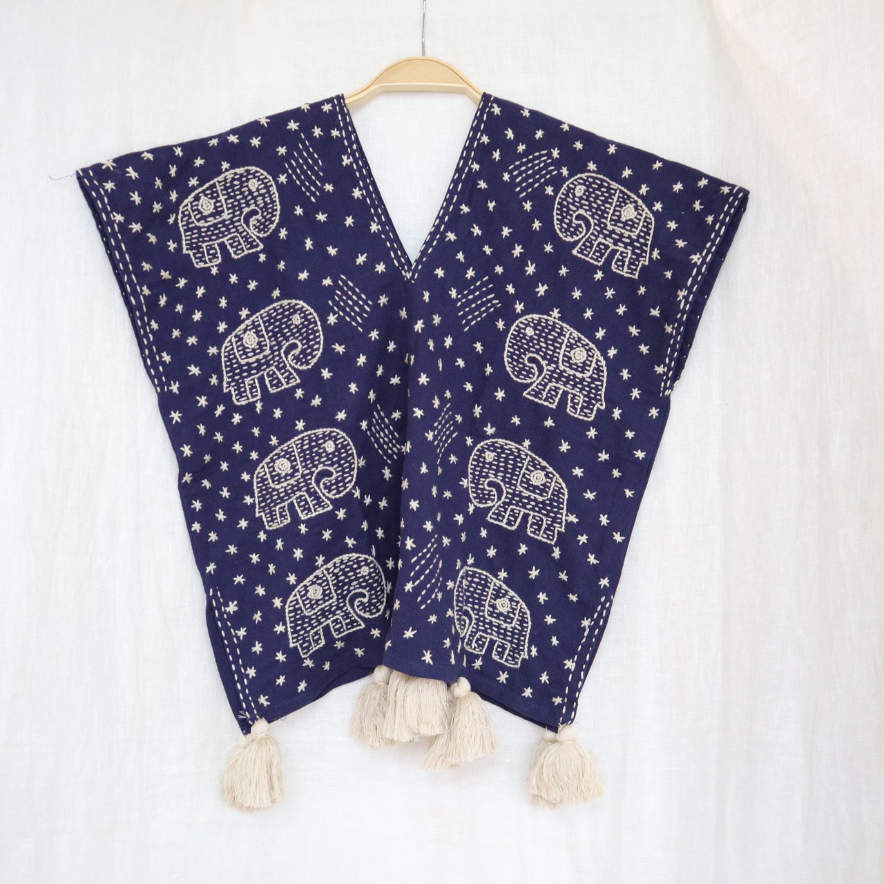 泰國藍染刺繡流蘇短上衣-大象