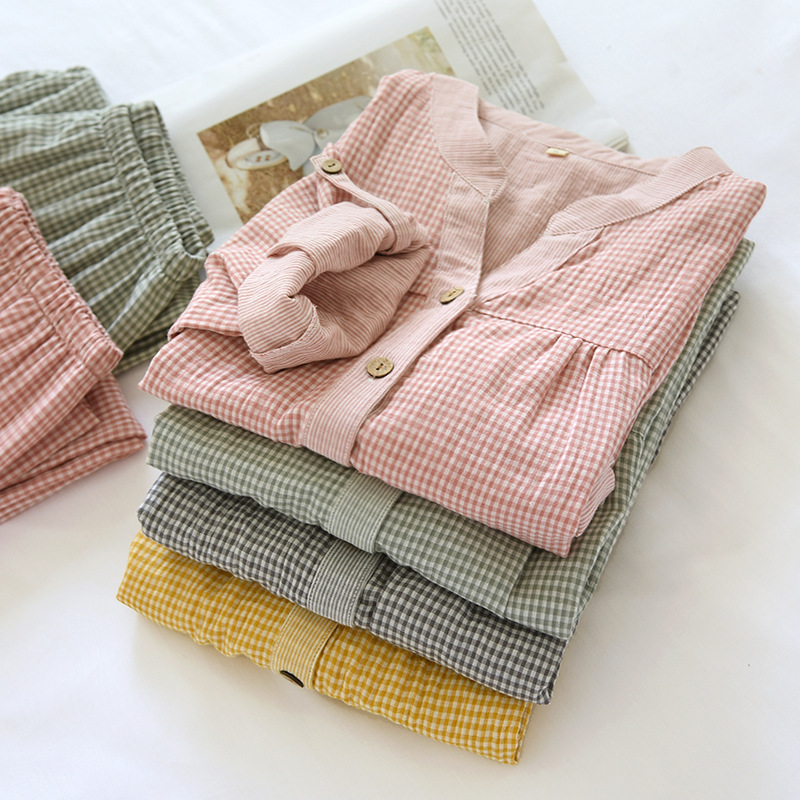 雙層紗布棉木扣套裝家居服 (4色)